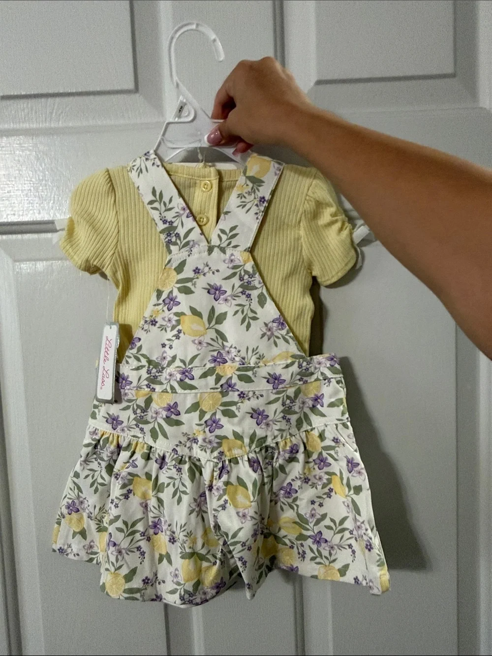 Little Lass Yellow Ribbed Tee with Cream Lemon Floral Pinafore Set